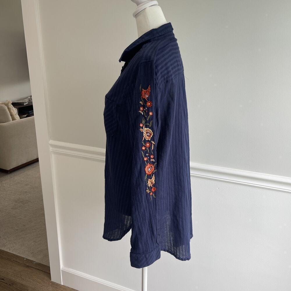 Sonoma Women L Embroidered Button Up Shirt Collared Cotton Gauzy Top Blue Tunic - Picture 4 of 10